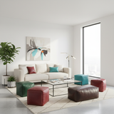 How to create a seamless transition between the living room scene and a dining area setup using Salwa poufs?