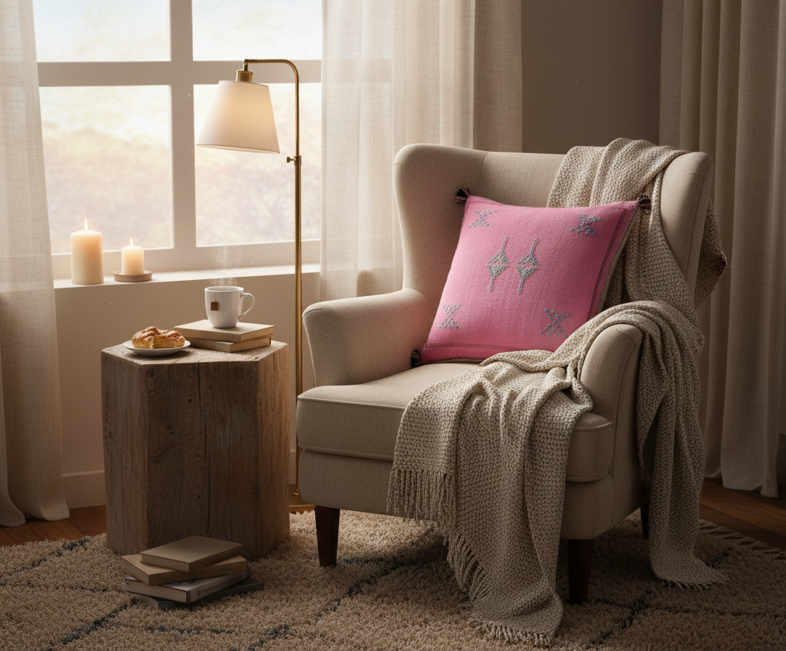 Handmade Moroccan Cushion – Sabra Cactus Silk Pillow Imran - Pink