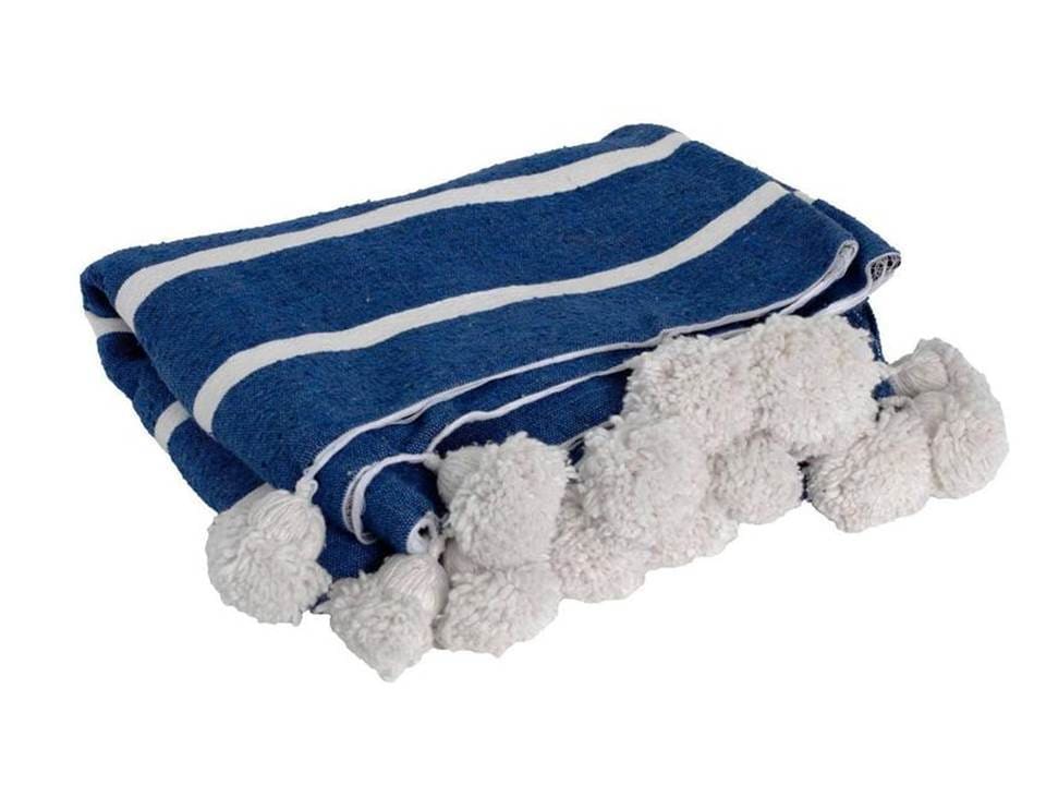 Blue with White Stripes Pom Blanket - Blankets | Moroccan Corridor