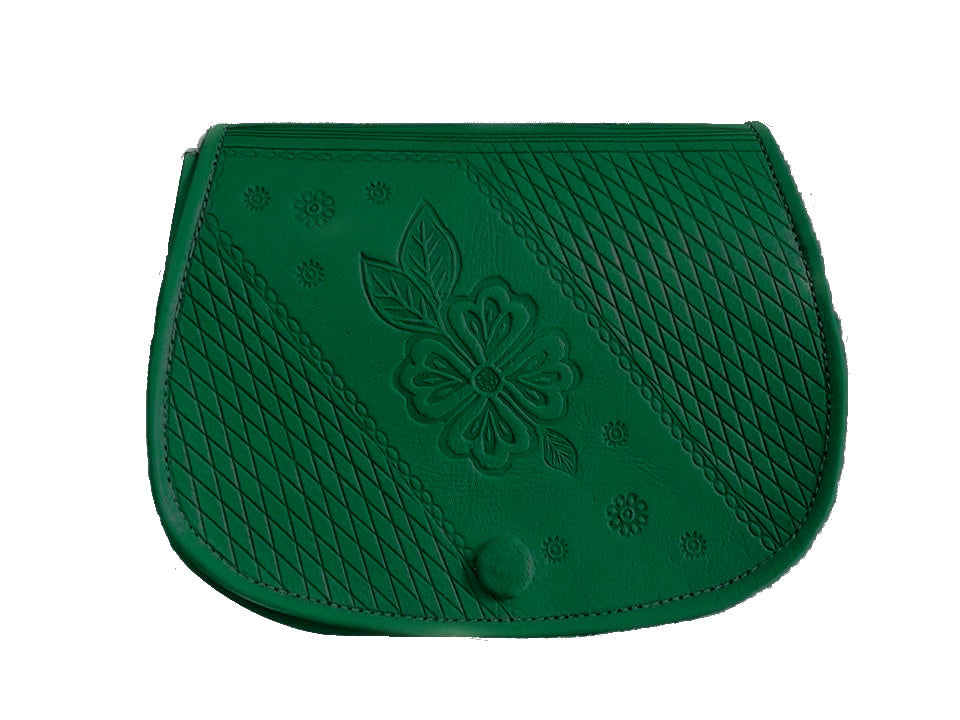 Floral Leather Shoulder Bag Embossed Small Green Saddle Bag By