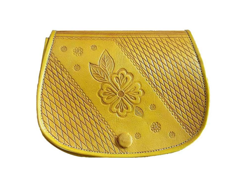 Floral Leather Shoulder Bag Embossed Small Yellow Saddle