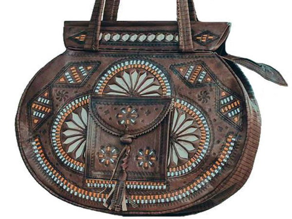 Boho Bag - Flower of Tetouan - Brown Moroccan Handmade Leather bag with Orange Embroderies