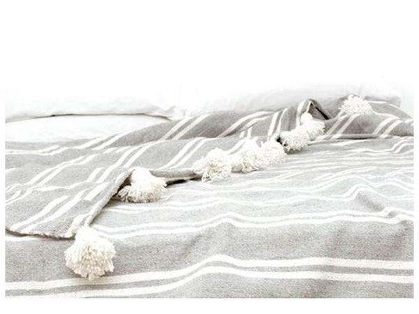 Gray with White Stripes Pom Pom Blanket - Assouirri