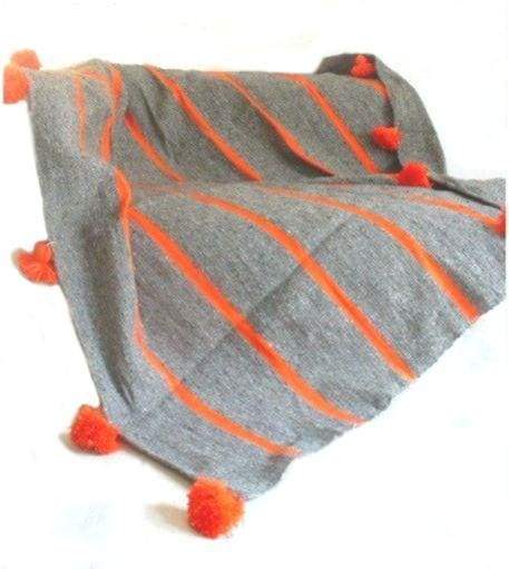 Moroccan Pom Pom Blanket - Grey with Orange Stripes Pom Pom Blanket