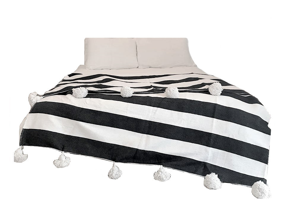Black with Large White Stripes Pom Pom Blanket Atlas Moroccan
