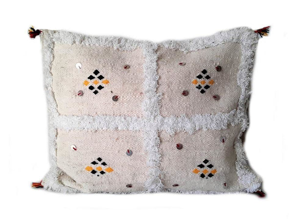 Moroccan Berber Pillow / Cushion Cover - White with Black and Yellow Embroideries - Bejaad