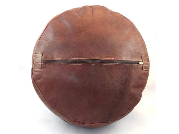 Moroccan Leather Pouf - Brown - Round Embossed - Back Side