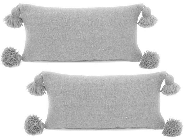 Moroccan PomPom Lumbar Pillow - Set of two Covers - Grey