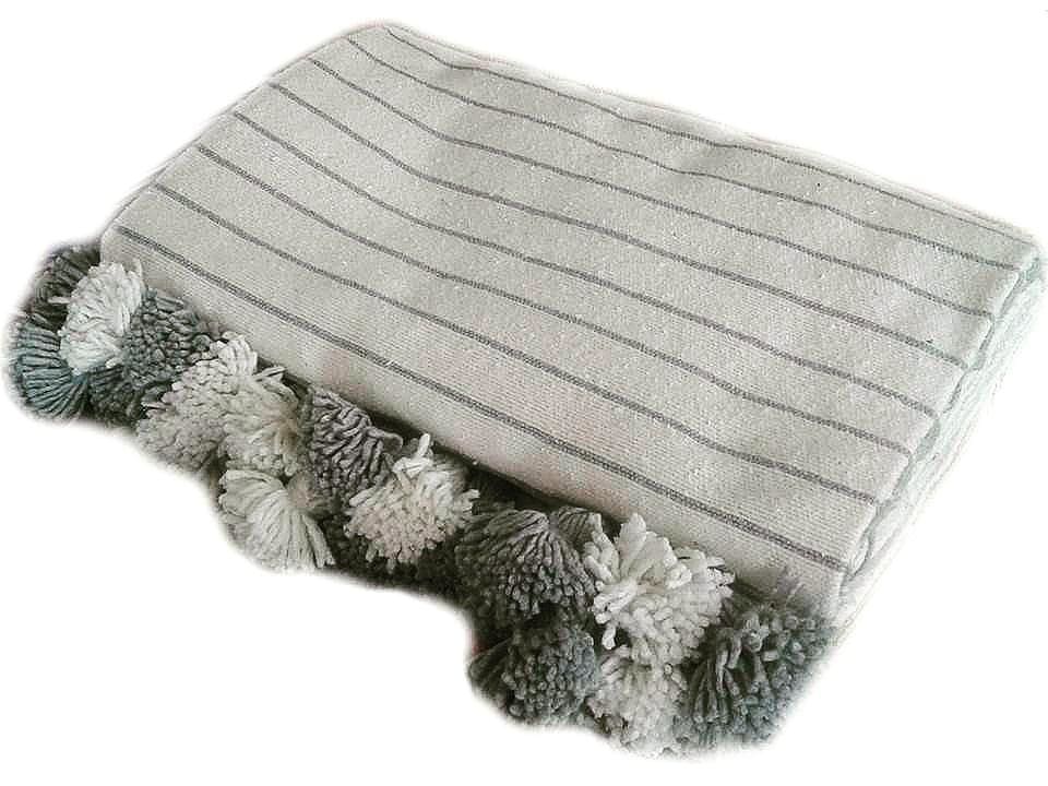 White Pom Pom Blanket with Thin Grey Stripes Moroccan Blanket By