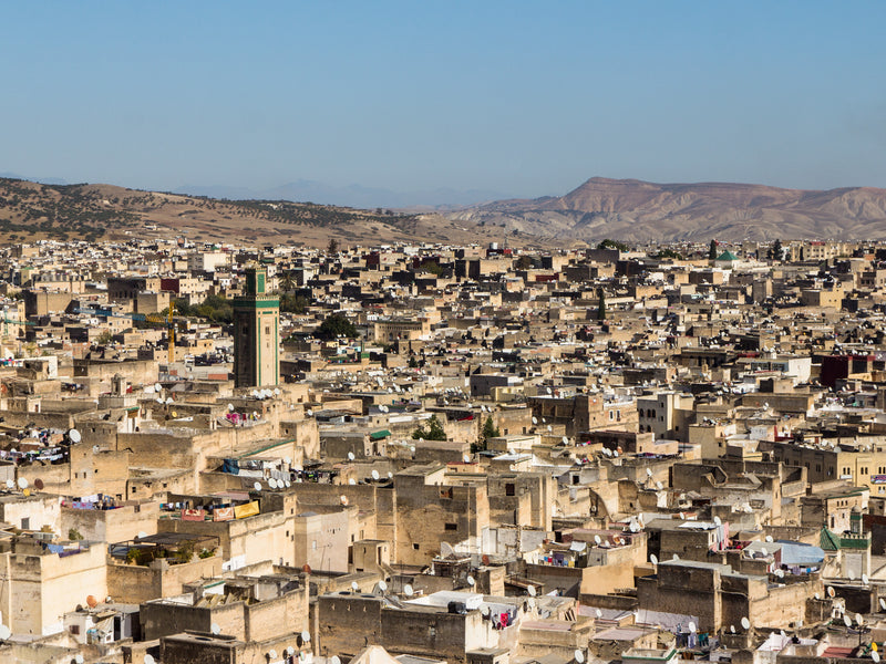Rooftops and a minaret in the medina of Fès, with hills in the background, Morocco.