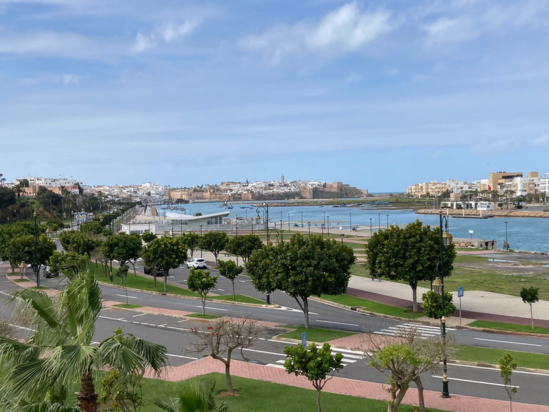 The Bouregreg river and its urban waterfront, with Avenue Al Marsa in the foreground, seen from Rabat, Morocco.