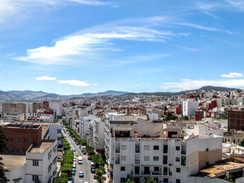 Panoramic view of Tétouan, Morocco, with white buildings, a tree-lined avenue and neighbourhoods extending towards the surrounding hills.