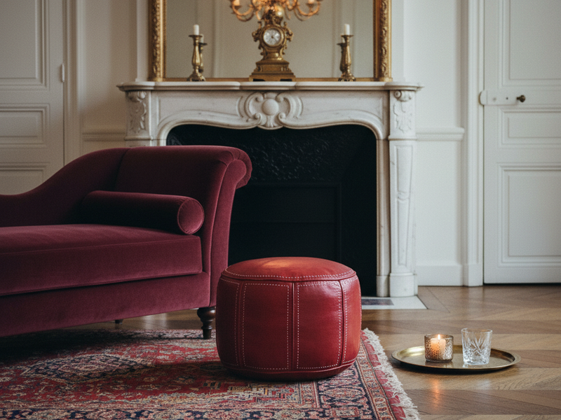 Round red Moroccan leather pouf with white hand-stitching styled as a centrepiece in a luxurious Parisian living room with herringbone floors, marble fireplace, and brass accents.