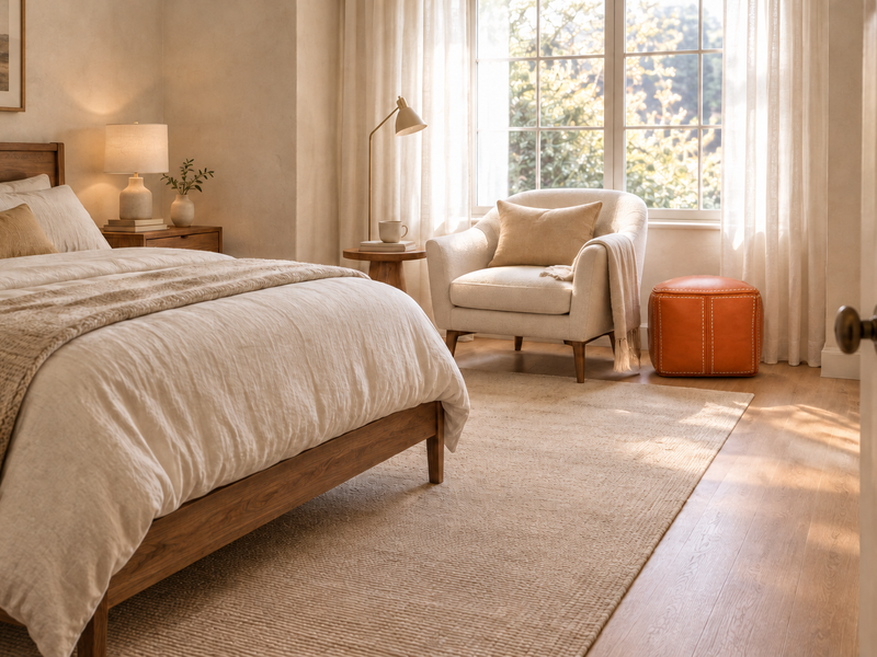Square orange Aya leather pouf beside a cream reading armchair in a light-filled bedroom, with neutral bedding, natural wood furniture and a clear walking route.
