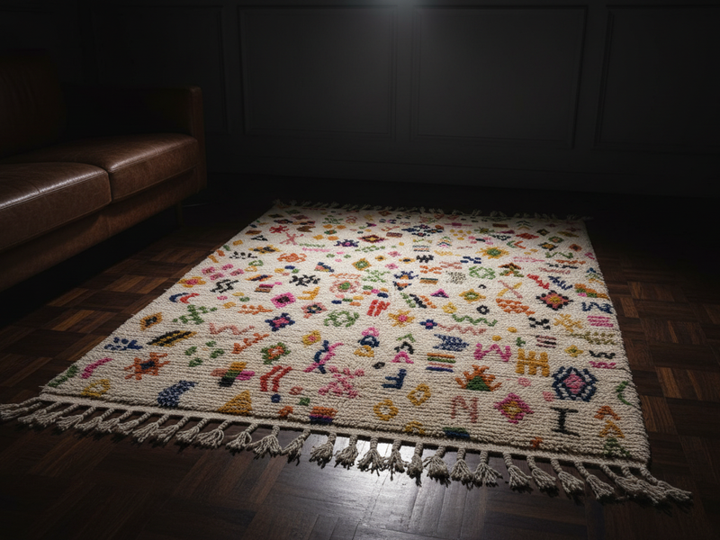 Close-up of an Azilal rug showing traditional Amazigh geometric symbols and patterns
