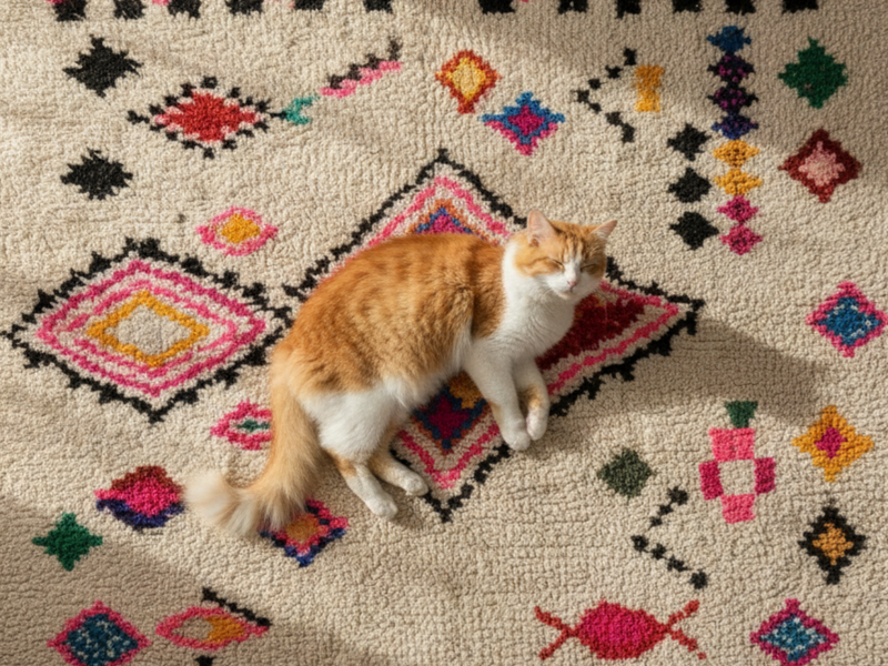 Moroccan Azilal Rug and a Cat Layed over it