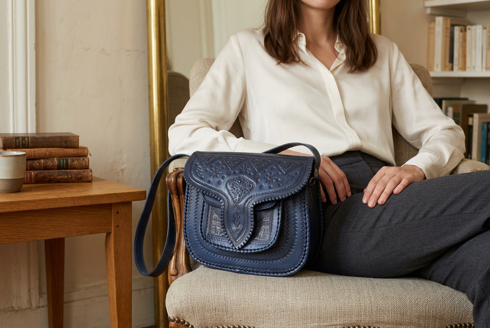 Dark blue LSSAN Mono Heart leather bag beside a woman in an ivory blouse and charcoal trousers seated in a sunlit salon.