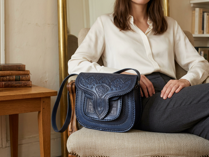 Dark blue LSSAN Mono Heart leather bag beside a woman in an ivory blouse and charcoal trousers seated in a sunlit salon.