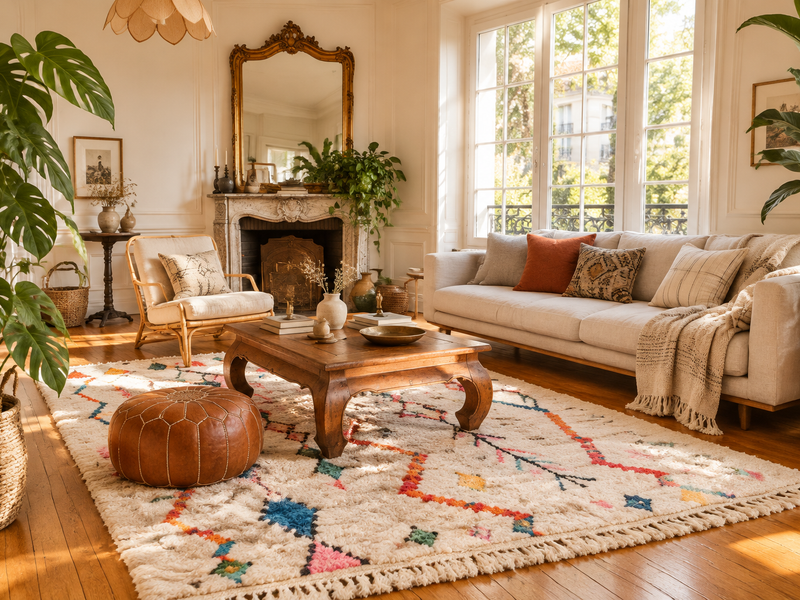 Colourful Moroccan rug anchoring a bohemian living room with a neutral sofa, leather pouf, plants, and layered textiles