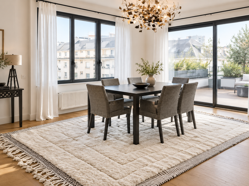 Ivory Moroccan rug with rectangular geometric motifs beneath a dining table and six chairs in a bright modern dining room