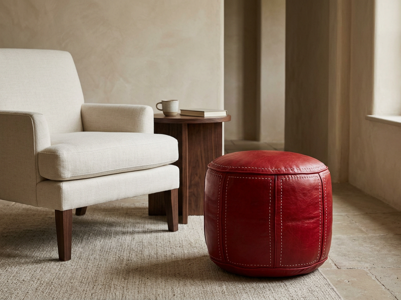 Round Aya Red leather pouf with contrasting stitching beside an ivory armchair in a warm neutral interior.