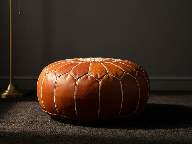 Genuine Moroccan leather pouf in tan with hand-embroidered Berber geometric pattern, styled in a moody charcoal interior with warm brass lighting