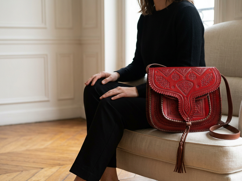 Red LSSAN Heart leather shoulder bag beside a woman dressed in black on a cream armchair in a sunlit Parisian salon.