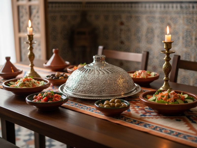 Moroccan Corridor Prestige food dome as centrepiece of a Christmas dining table — pine branches, gold candle holders, and red berries — Moroccan Corridor