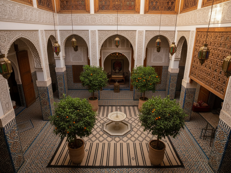 Traditional Moroccan riad courtyard with zellige tilework, carved plaster arabesque, and Berber rug — the cultural heritage of Morocco