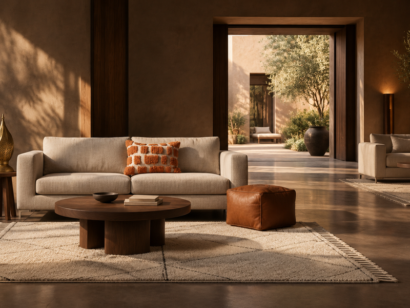 Illustrative boutique hotel lounge with an ivory Moroccan rug, brown leather pouf, orange cushion and brass lantern, opening onto a sunlit courtyard.
