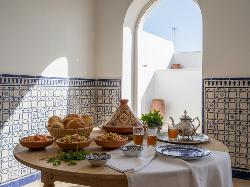 A Moroccan dining table set for a traditional meal in a whitewashed northern Morocco riad — blue and white zellige tile panels, soft Mediterranean daylight — Moroccan Corridor