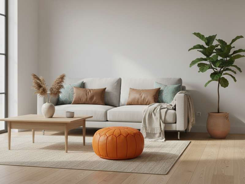 Round orange leather pouf in a contemporary living room with a cream sofa, a light wood coffee table, a neutral rug and a leafy plant.