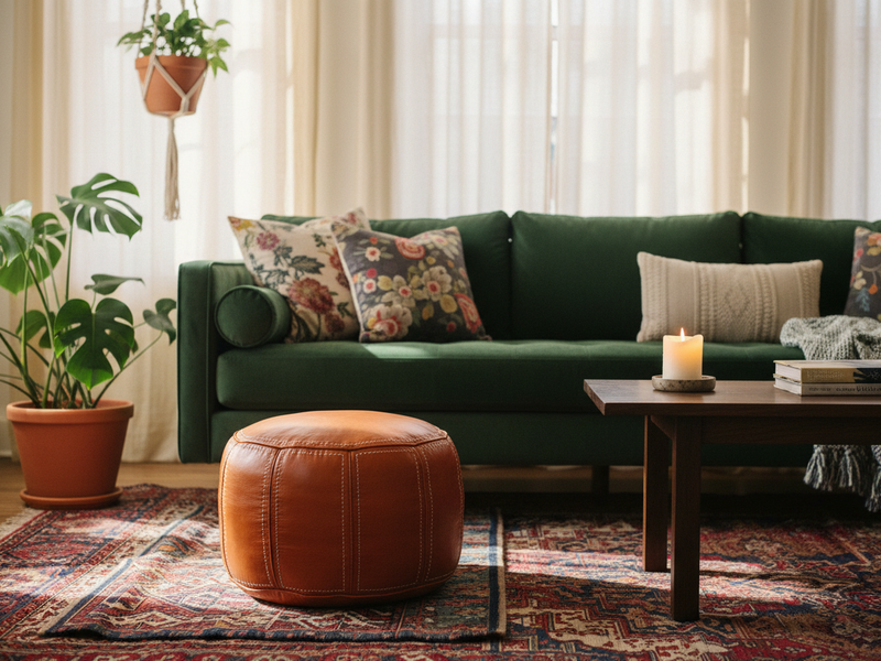 Round orange leather pouf in front of a dark green sofa, with pale curtains, a patterned rug and a wooden coffee table in a sunlit living room.