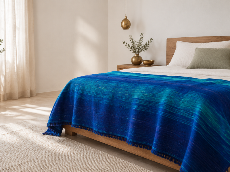 A deep blue Moroccan wool blanket with fringe draped across a bed, with a neutral rug and muted sage cushion in a softly lit bedroom.
