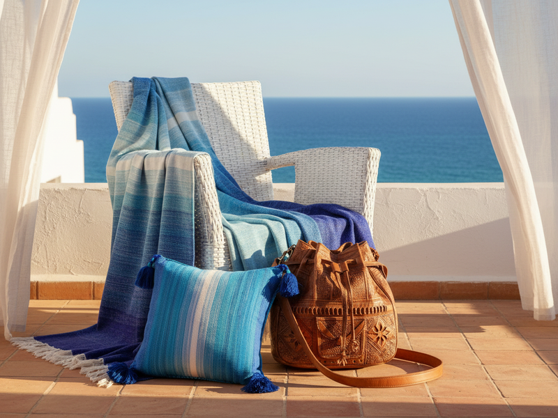 Moroccan Corridor® Summer Edit 2026 — handwoven Blue Sky blanket draped over a white rattan chair, hand-carved caramel leather Heritage Tote and Blue Sky PomPom cushion cover on a sun-drenched coastal terrace