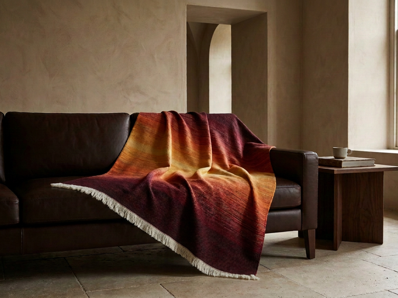 Sunrise blanket in graduated burgundy, red, orange and golden tones with short ivory fringe, draped over a brown leather sofa.