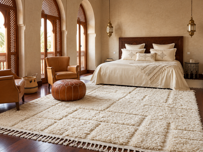 Ivory Moroccan rug with geometric motifs beneath a bed in a warm Moroccan bedroom with a leather pouf