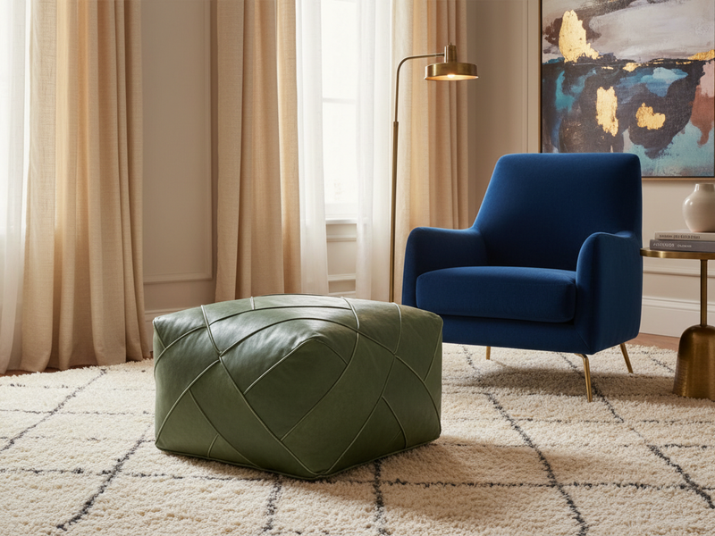 A green zigzag pouf beside a navy armchair, warm floor lamp and small side table on a light patterned rug.