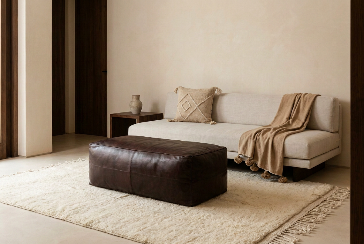 Japandi living room with a creamy-white Beni Ourain rug, brown Nelya leather ottoman, Caramel Beige blanket and rectangular Zanafi cushion with raised ivory geometric motifs.