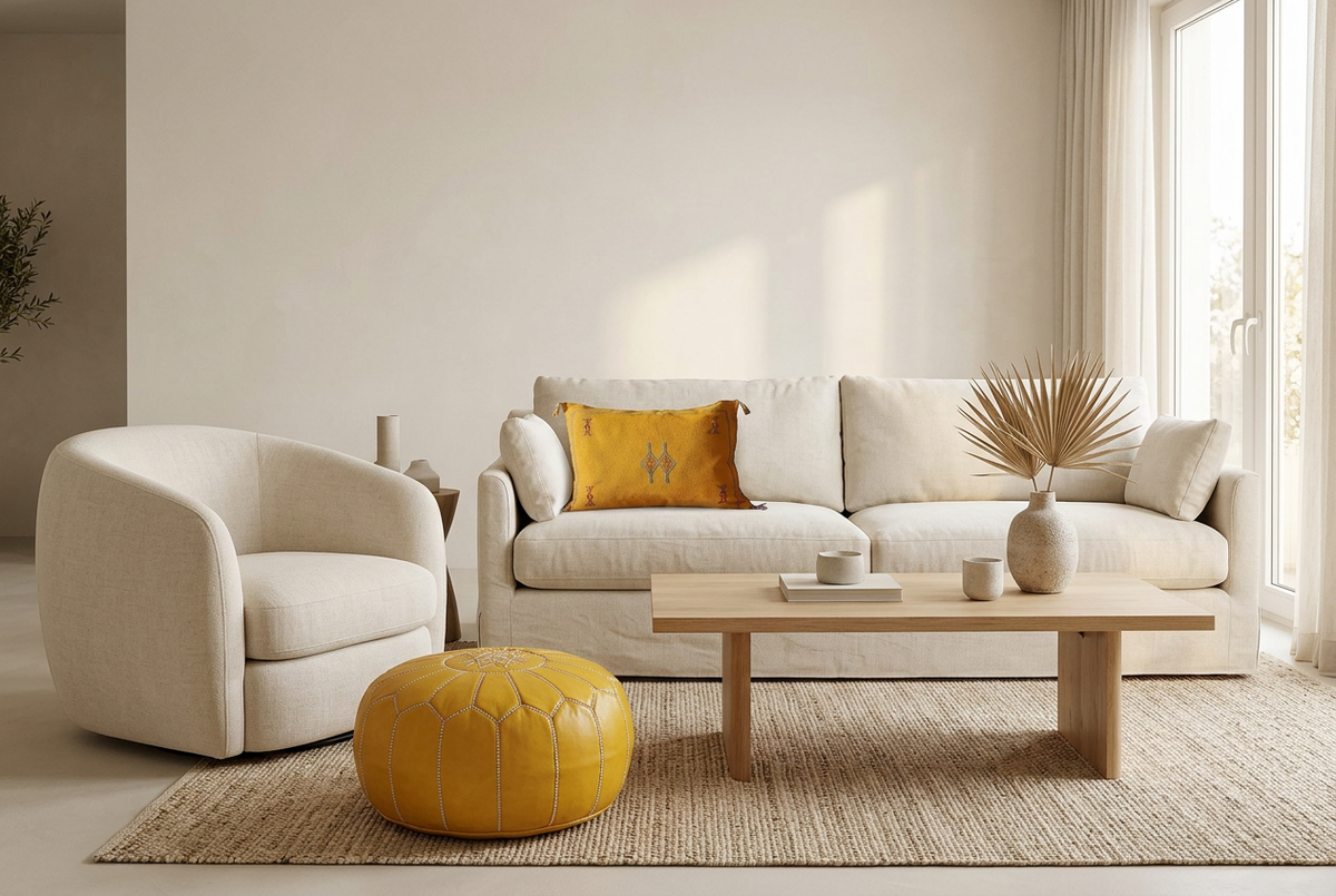 Hero Yellow Home Accessories avec un pouf jaune brodé et un coussin Sabra doré dans un salon clair