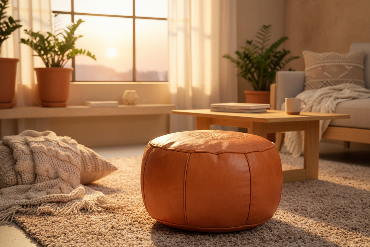 Orange Moroccan Leather Pouf Showcase
