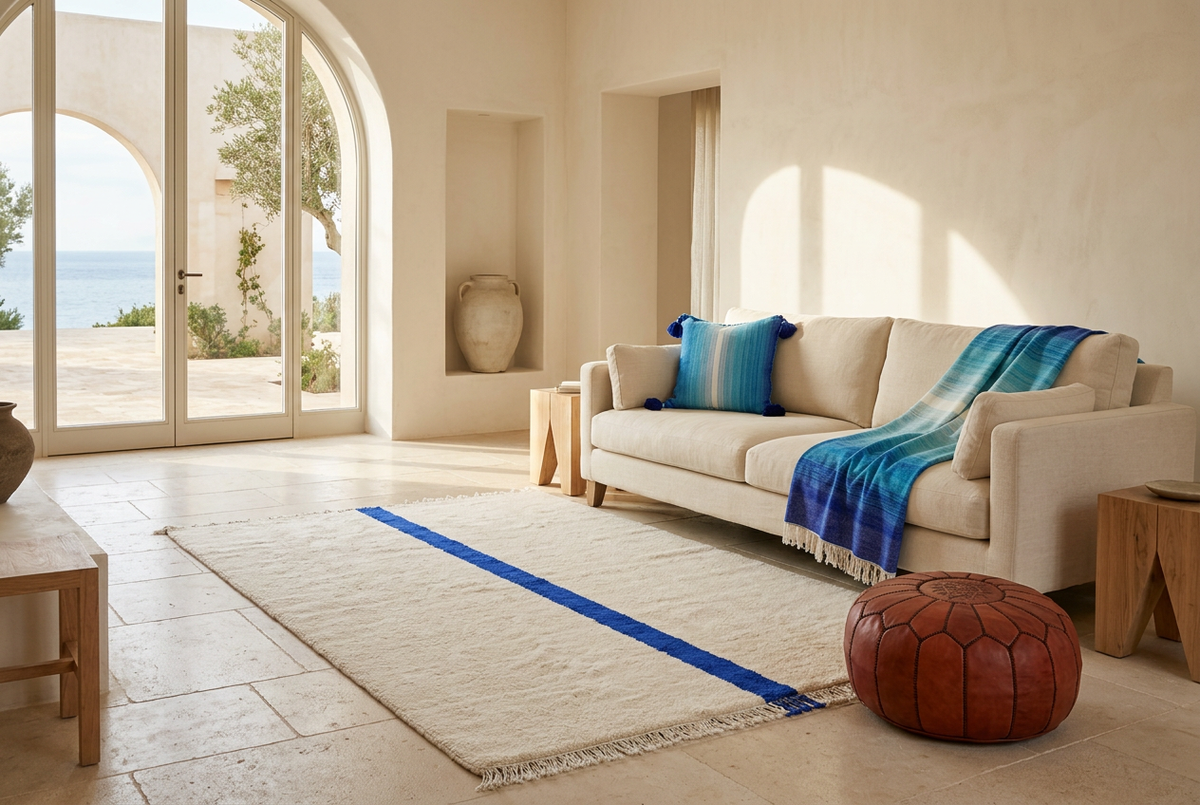 Mediterranean living room with a blue-band Beni Ourain rug, round Cognac leather pouf, and Blue Sky blanket and pompom cushion.