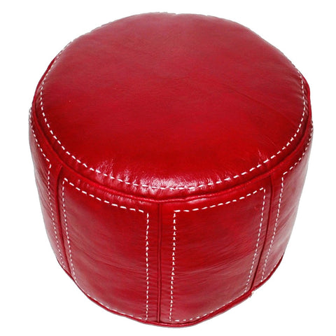 Moroccan Leather Pouf / Ottoman - Round - Red - Aya