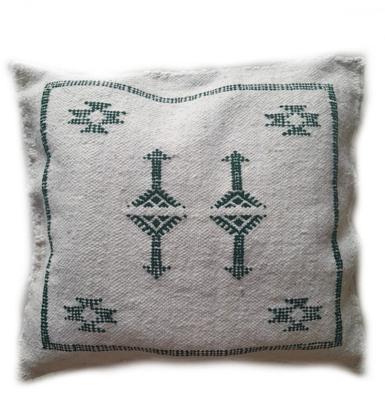Moroccan Berber Pillow / Cushion Cover - Creme White with Green Embroideries - Bejaad