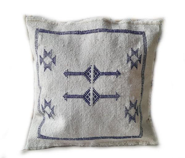 Moroccan Berber Pillow / Cushion Cover - Creme White with Blue Embroideries - Bejaad