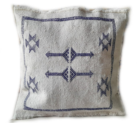Moroccan Berber Pillow / Cushion Cover - Creme White with Blue Embroideries - Bejaad