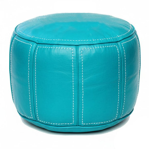 Moroccan Leather Pouf / Ottoman - Round - Turquoise - Aya