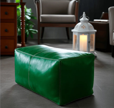Moroccan Leather Pouf / Ottoman - Rectangular - Emerald Green - Nelya