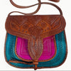 Brown leather crossbody bag with colorful interior on a white background