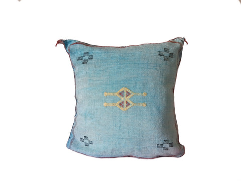 Handmade Moroccan Cushion Cover – Sabra Silk Pillow – Saham - Washed Turquoise